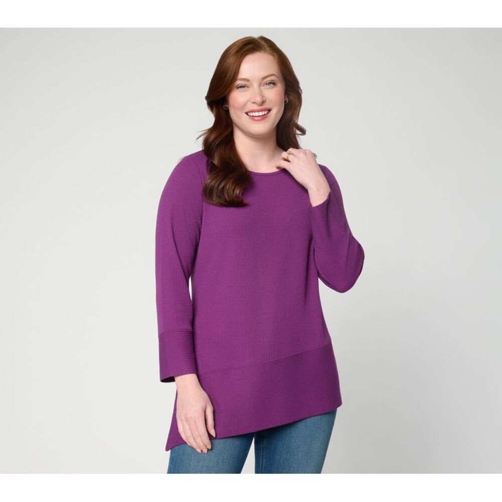 Denim & Co. Women's Top Petite 3XP Ribbed Jacquard Asymmetrical Purple